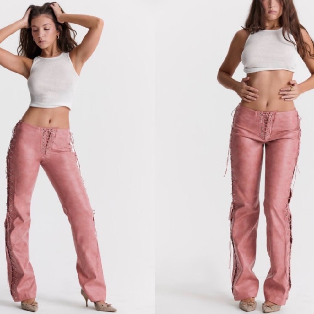 House of Cb ‘Drew’ Warm Pink Vegan Leather Lace Up Trousers